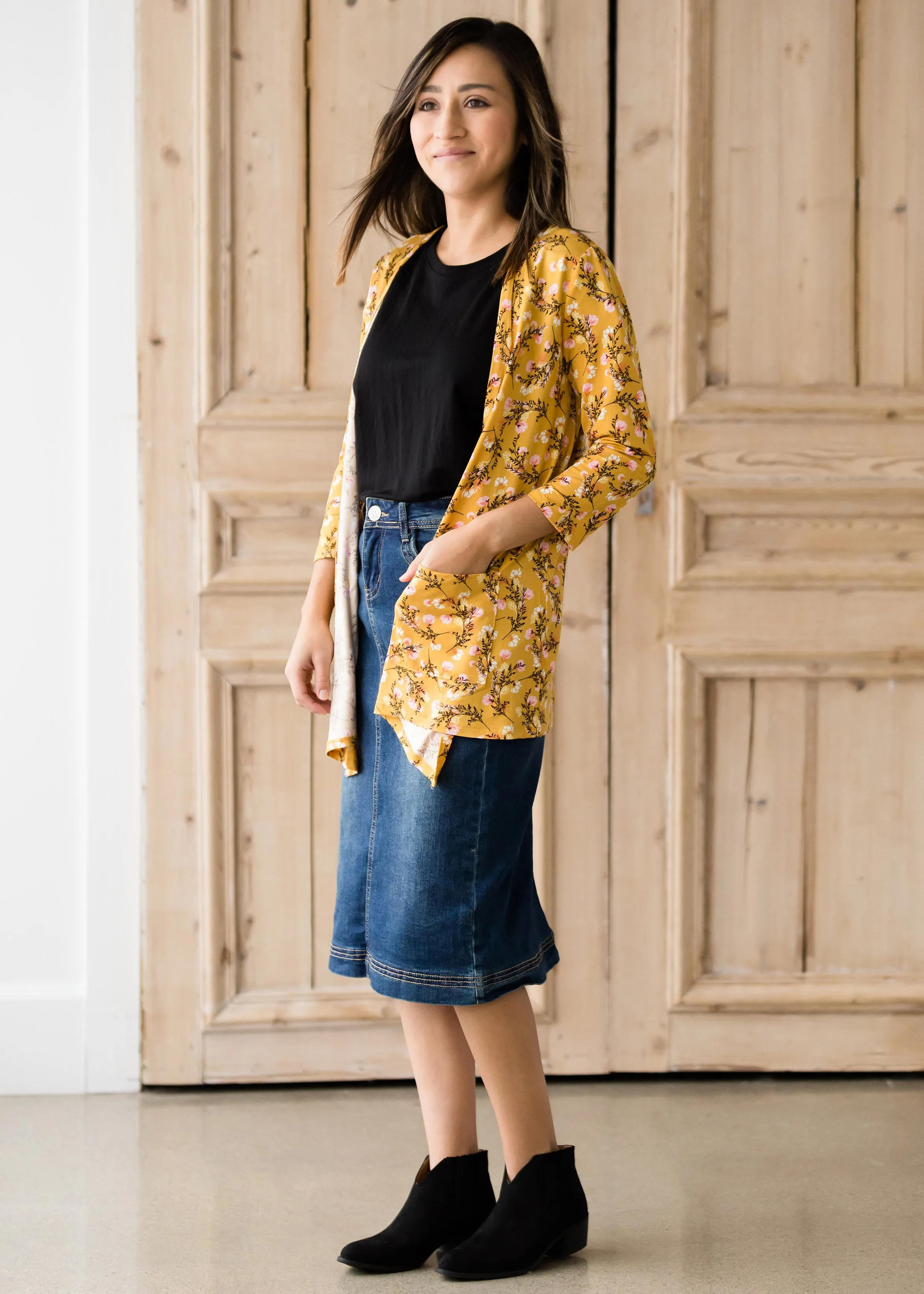 Draped Open Front Floral 3/4 Sleeve Cardigan - FINAL SALE