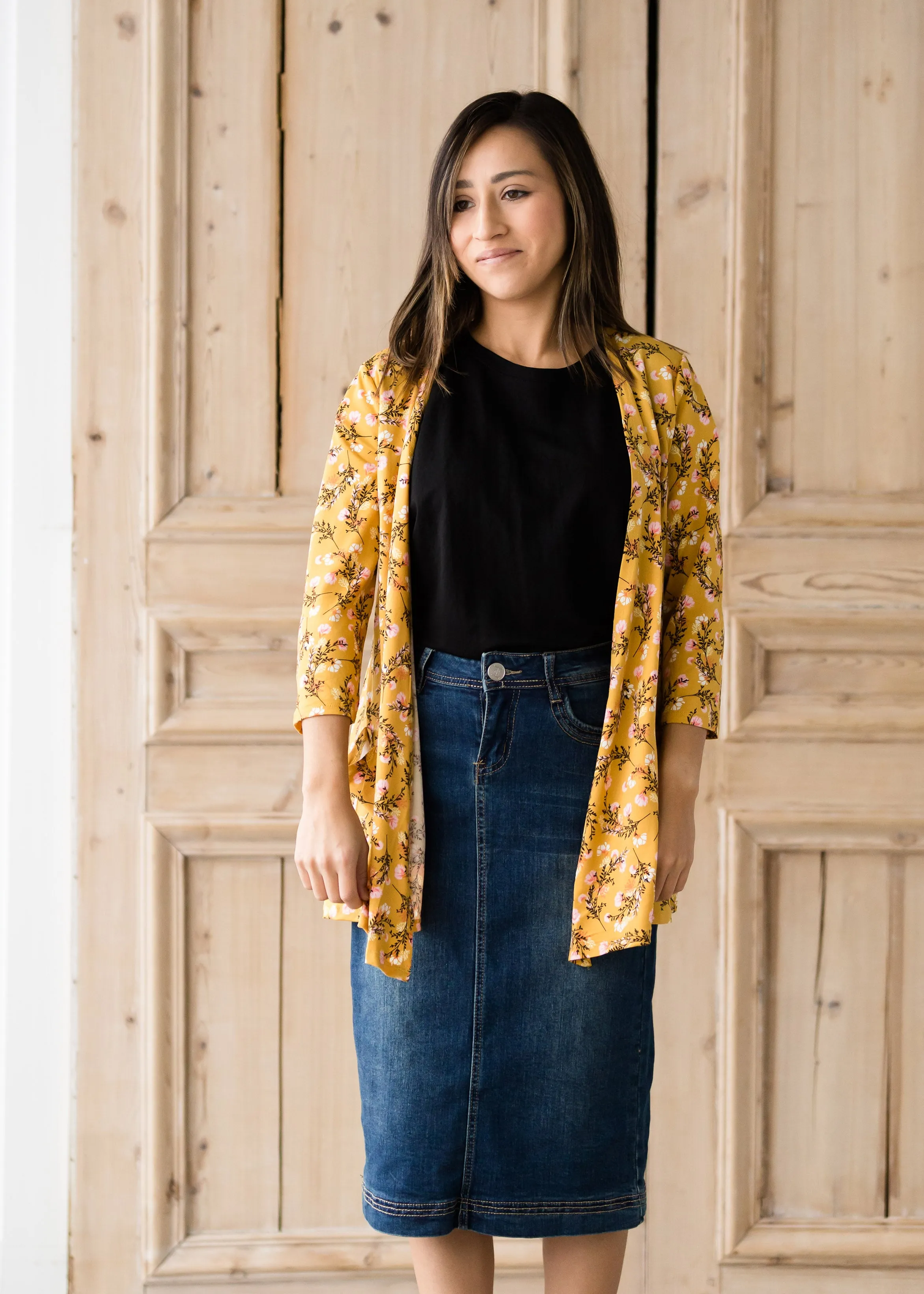 Draped Open Front Floral 3/4 Sleeve Cardigan - FINAL SALE