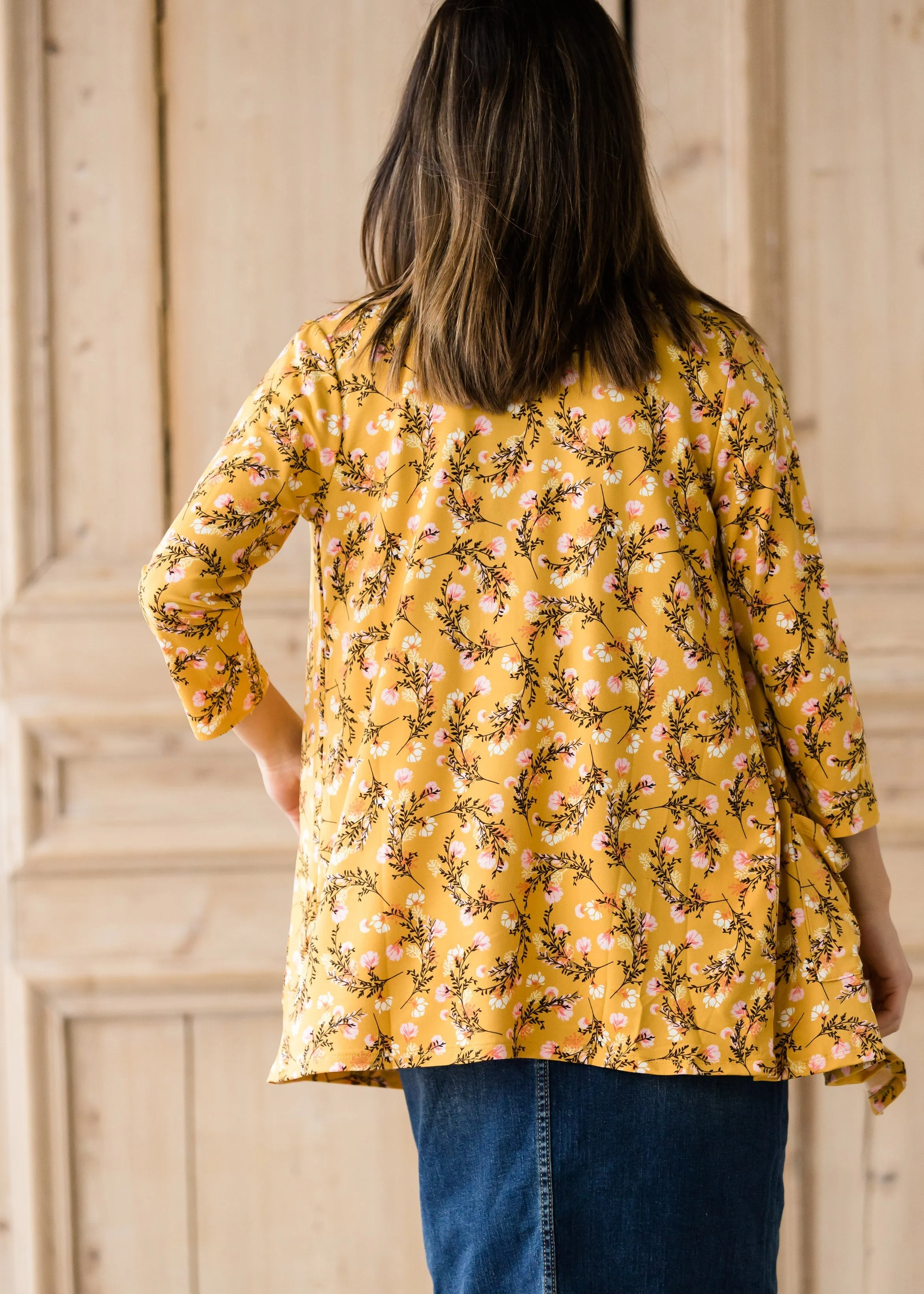Draped Open Front Floral 3/4 Sleeve Cardigan - FINAL SALE