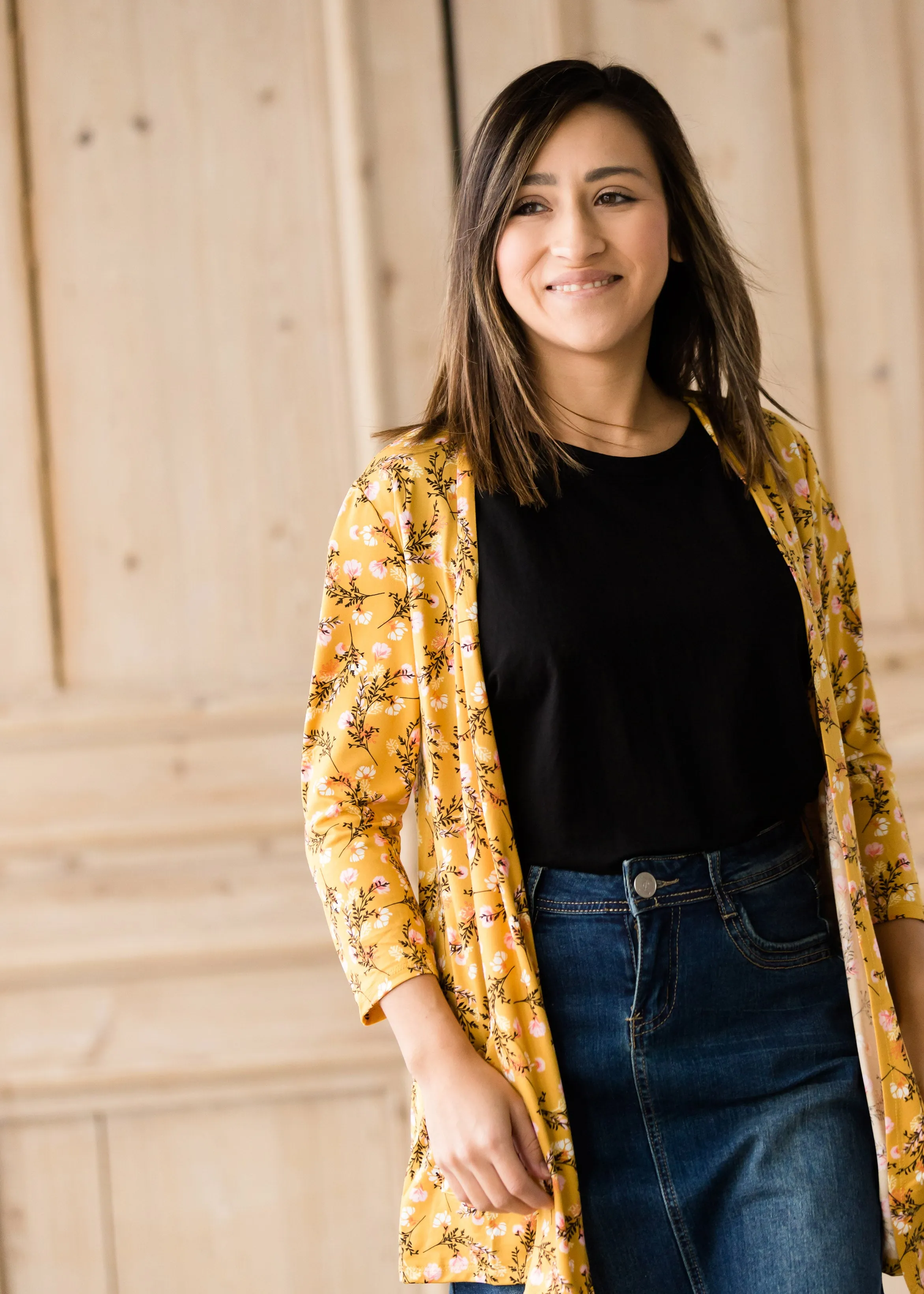 Draped Open Front Floral 3/4 Sleeve Cardigan - FINAL SALE