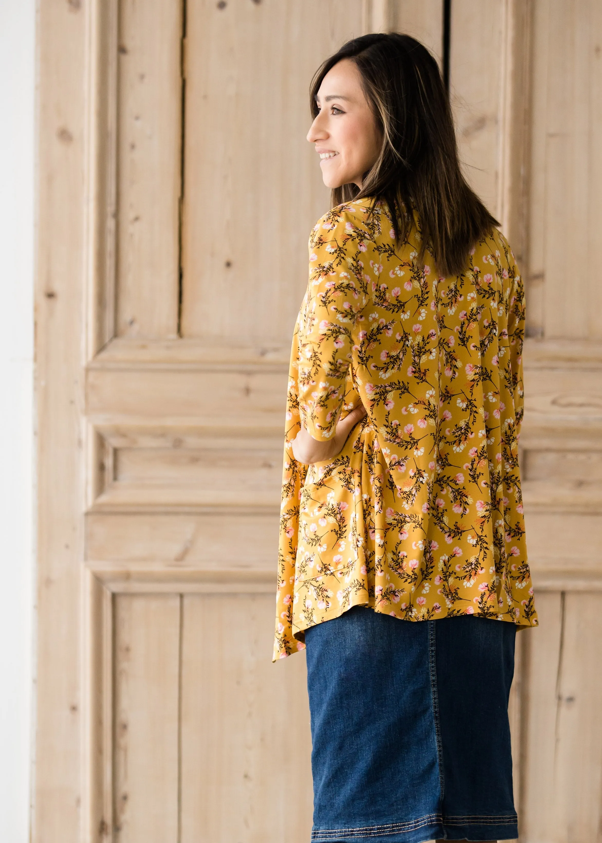 Draped Open Front Floral 3/4 Sleeve Cardigan - FINAL SALE