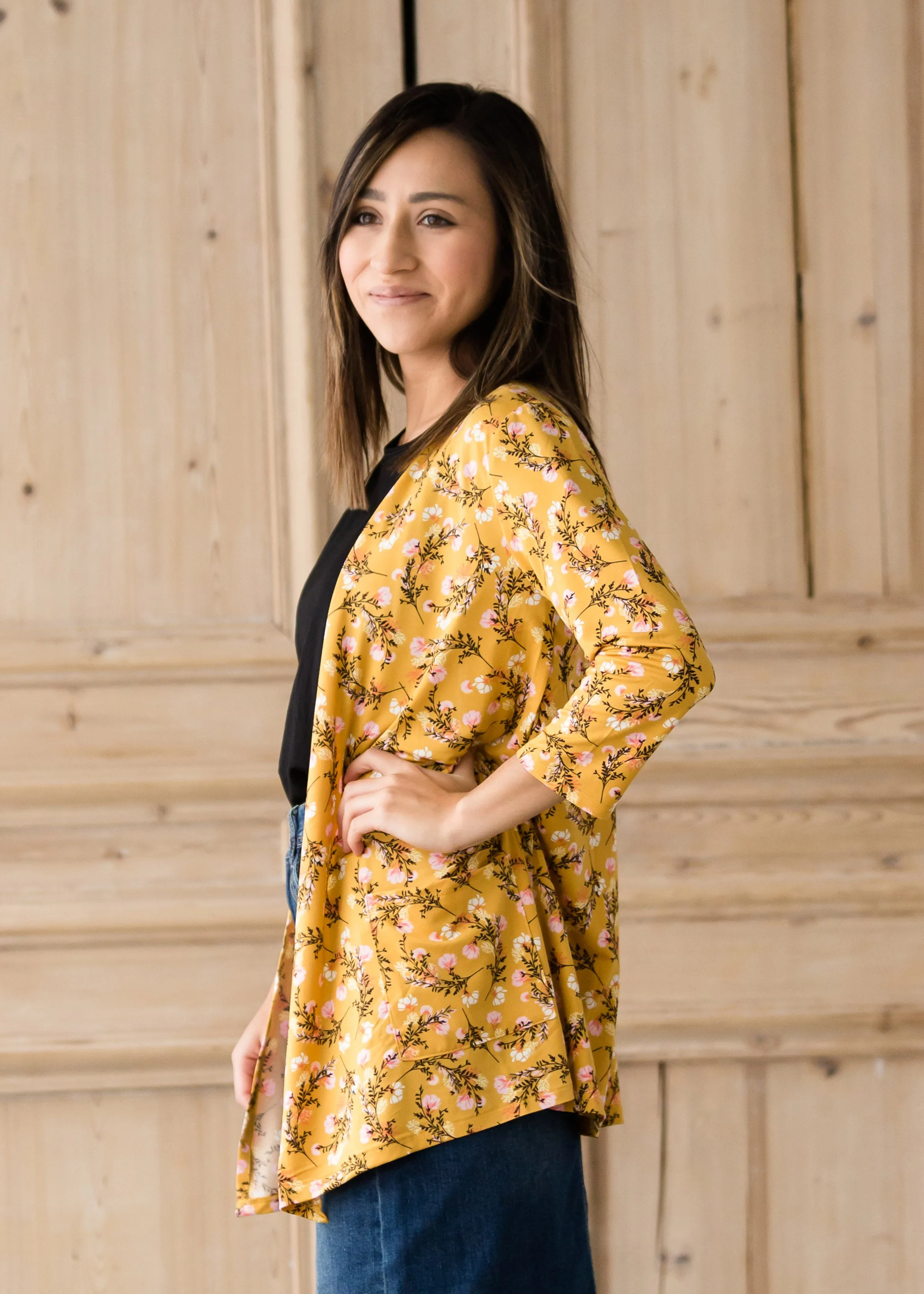 Draped Open Front Floral 3/4 Sleeve Cardigan - FINAL SALE