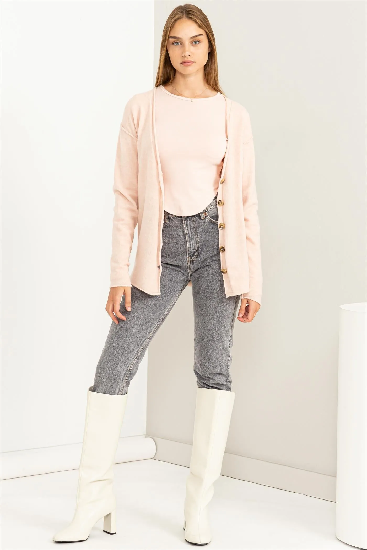 DZ23F103-Drop Shoulders Button Front Cardigan