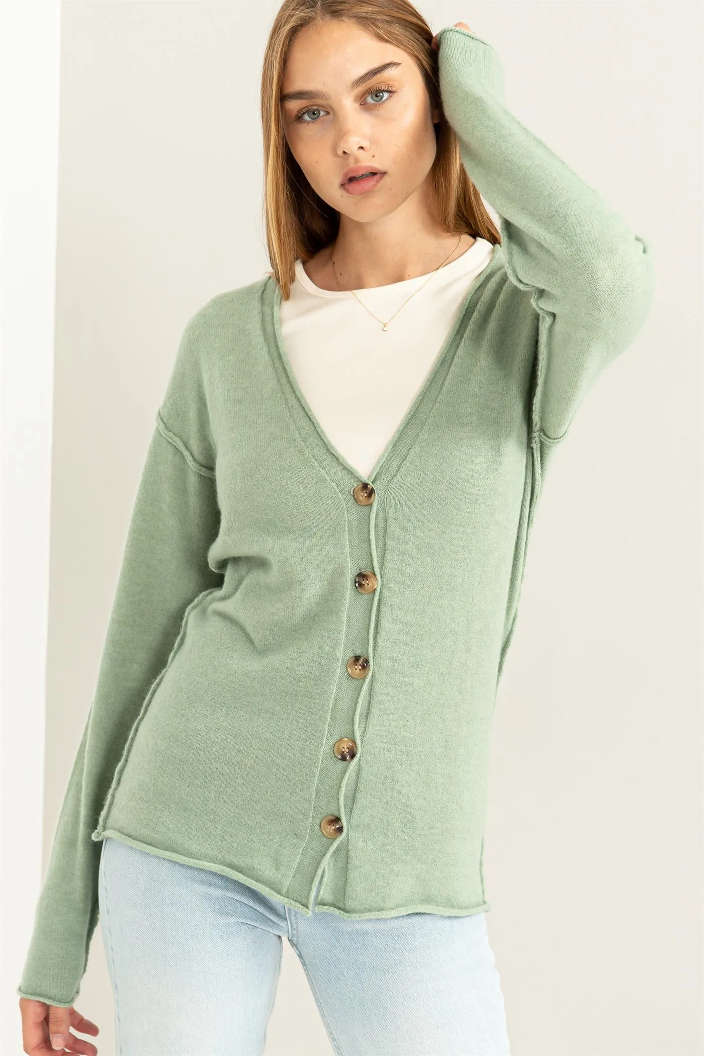 DZ23F103-Drop Shoulders Button Front Cardigan