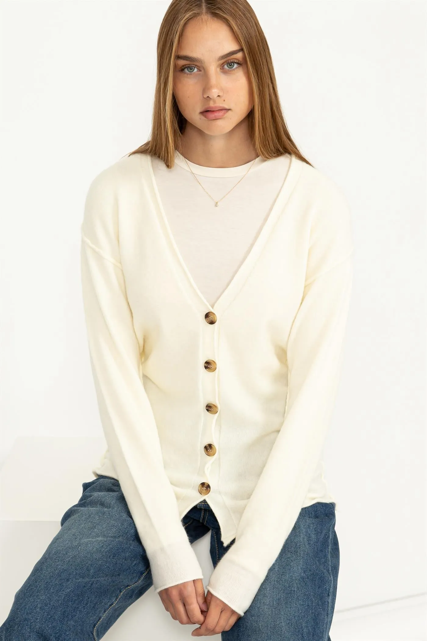 DZ23F103-Drop Shoulders Button Front Cardigan