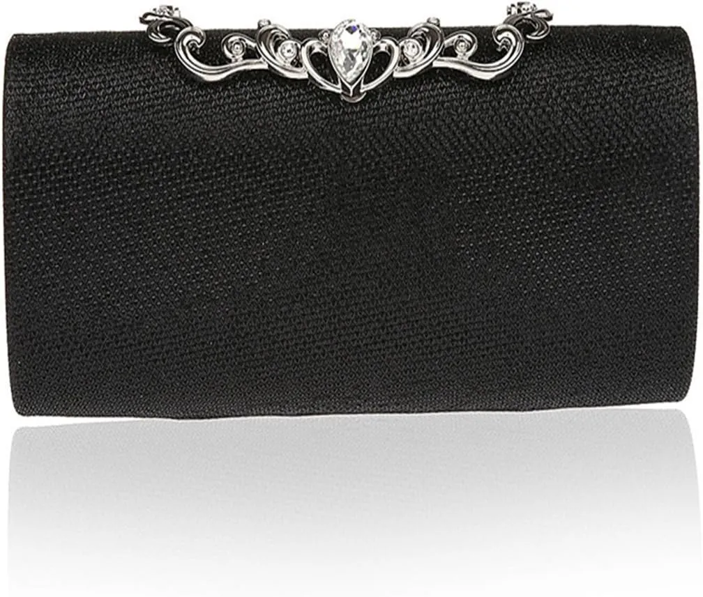 ELEOPTION Simple Women's Women Clutch Purse Hard Case Evening Bags Glitter Handbag with Diamante Snap Closure Cover Rectangle Design Pleated Satin for Wedding Party Best Gift (Black)