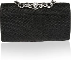 ELEOPTION Simple Women's Women Clutch Purse Hard Case Evening Bags Glitter Handbag with Diamante Snap Closure Cover Rectangle Design Pleated Satin for Wedding Party Best Gift (Black)