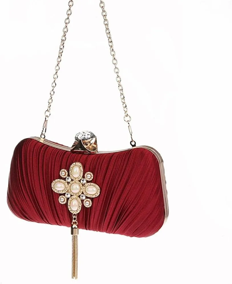 ELEOPTION Women Elegant Evening Clutch Purses With Pearl Tassel Satin Metal Frame For Cocktail Party Wedding Evening