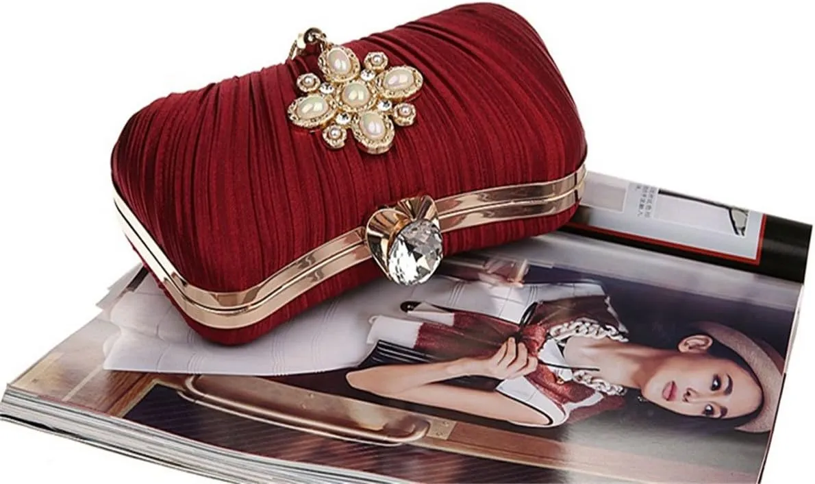 ELEOPTION Women Elegant Evening Clutch Purses With Pearl Tassel Satin Metal Frame For Cocktail Party Wedding Evening