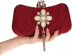 ELEOPTION Women Elegant Evening Clutch Purses With Pearl Tassel Satin Metal Frame For Cocktail Party Wedding Evening