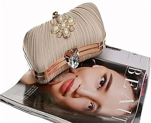 ELEOPTION Women Elegant Evening Clutch Purses With Pearl Tassel Satin Metal Frame For Cocktail Party Wedding Evening