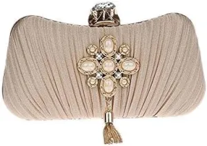 ELEOPTION Women Elegant Evening Clutch Purses With Pearl Tassel Satin Metal Frame For Cocktail Party Wedding Evening