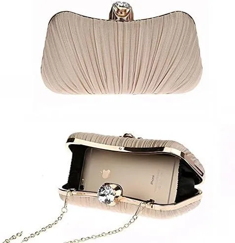 ELEOPTION Women Elegant Evening Clutch Purses With Pearl Tassel Satin Metal Frame For Cocktail Party Wedding Evening