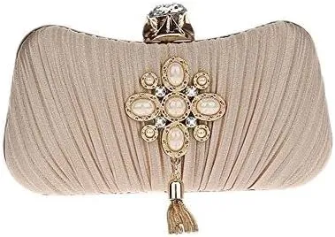 ELEOPTION Women Elegant Evening Clutch Purses With Pearl Tassel Satin Metal Frame For Cocktail Party Wedding Evening