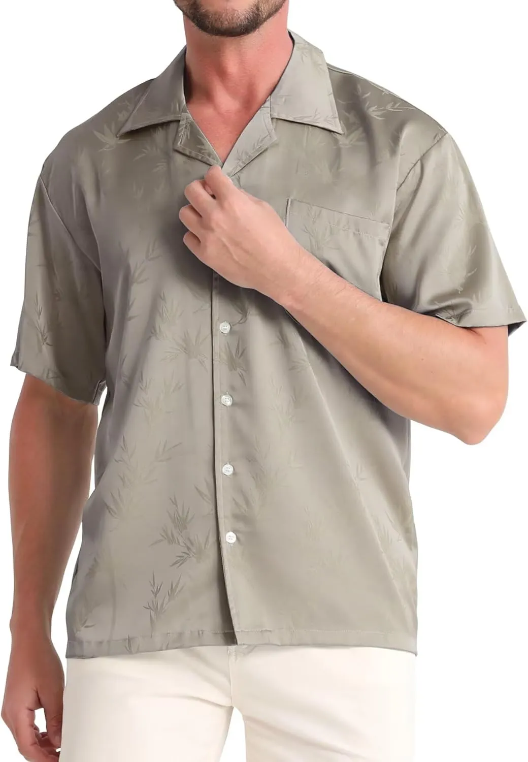 ELETOP Men's Hawaiian Shirts Summer Imitated Silk Jacquard Shirts Short Sleeve Casual Beach Shirts