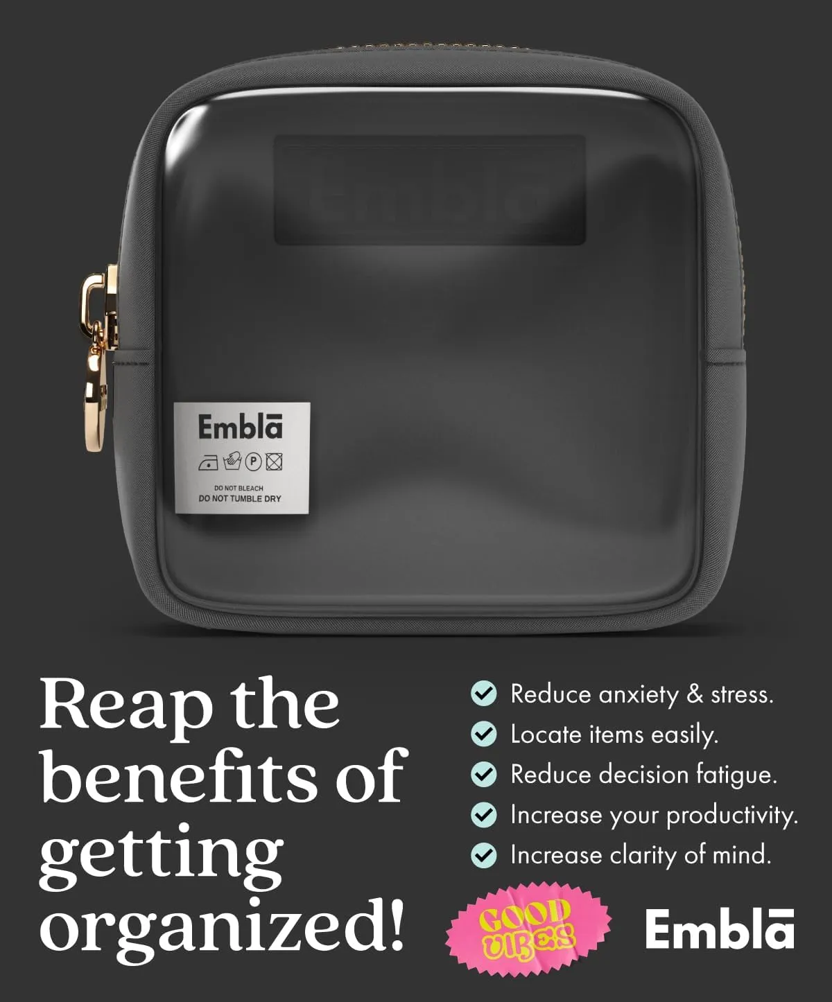 Embla Clear Cosmetic Bag Makeup Case, Clear Zipper Make Up Pouch and Toiletry Travel Tote, Cute Skincare Pouches for Women Girls, Preppy Purse Cosmetic Organizer, Mini Makeup Bags, Black