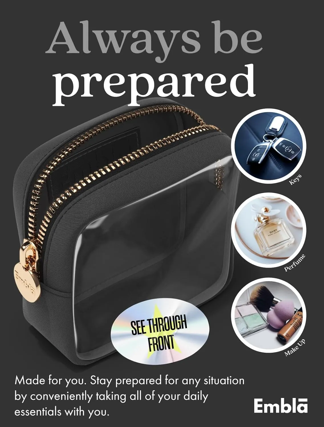Embla Clear Cosmetic Bag Makeup Case, Clear Zipper Make Up Pouch and Toiletry Travel Tote, Cute Skincare Pouches for Women Girls, Preppy Purse Cosmetic Organizer, Mini Makeup Bags, Black