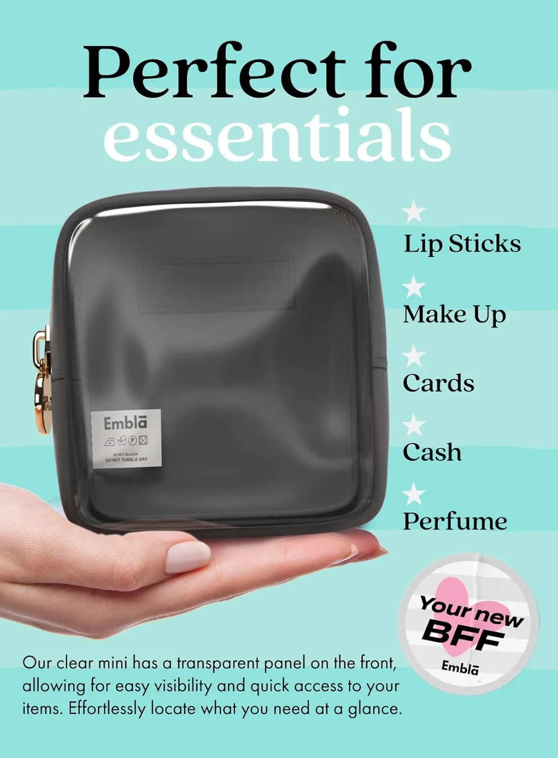 Embla Clear Cosmetic Bag Makeup Case, Clear Zipper Make Up Pouch and Toiletry Travel Tote, Cute Skincare Pouches for Women Girls, Preppy Purse Cosmetic Organizer, Mini Makeup Bags, Black