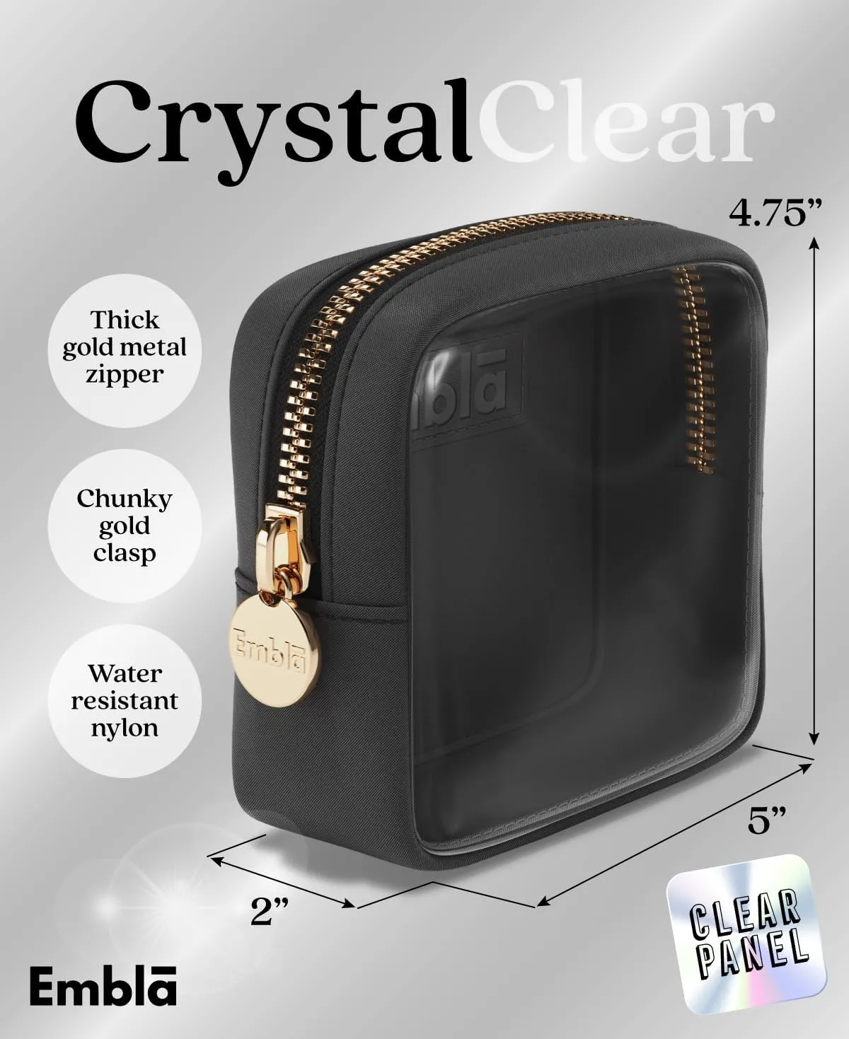 Embla Clear Cosmetic Bag Makeup Case, Clear Zipper Make Up Pouch and Toiletry Travel Tote, Cute Skincare Pouches for Women Girls, Preppy Purse Cosmetic Organizer, Mini Makeup Bags, Black