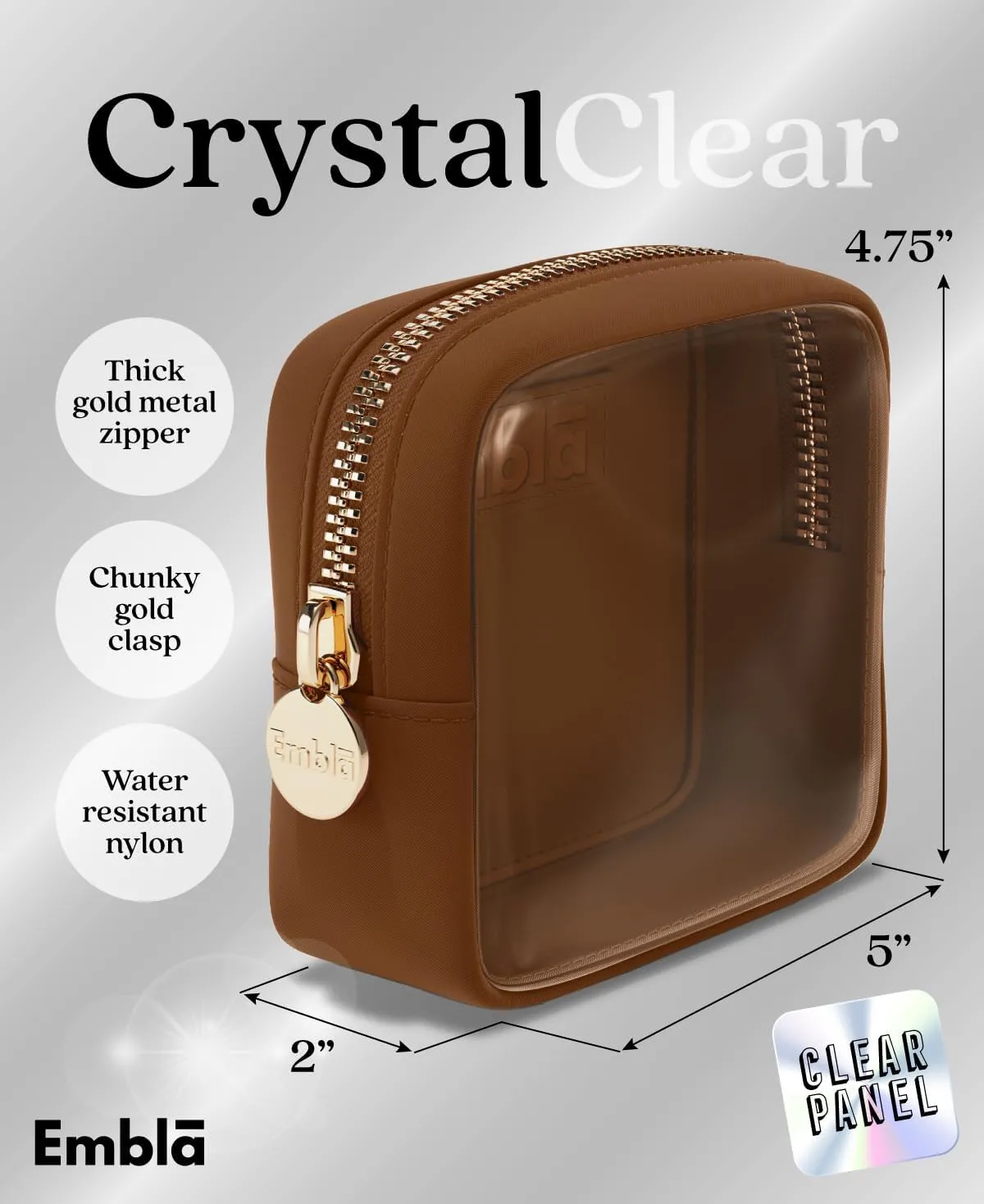 Embla Clear Cosmetic Bag Makeup Case, Clear Zipper Make Up Pouch and Toiletry Travel Tote, Cute Skincare Pouches for Women Girls, Preppy Purse Cosmetic Organizer, Mini Makeup Bags, Chocolate