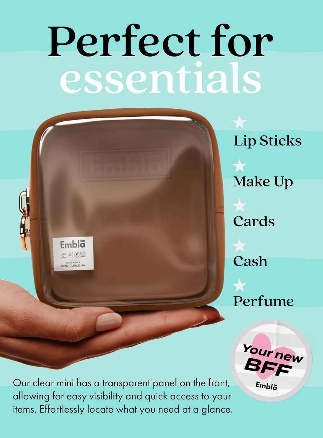 Embla Clear Cosmetic Bag Makeup Case, Clear Zipper Make Up Pouch and Toiletry Travel Tote, Cute Skincare Pouches for Women Girls, Preppy Purse Cosmetic Organizer, Mini Makeup Bags, Chocolate