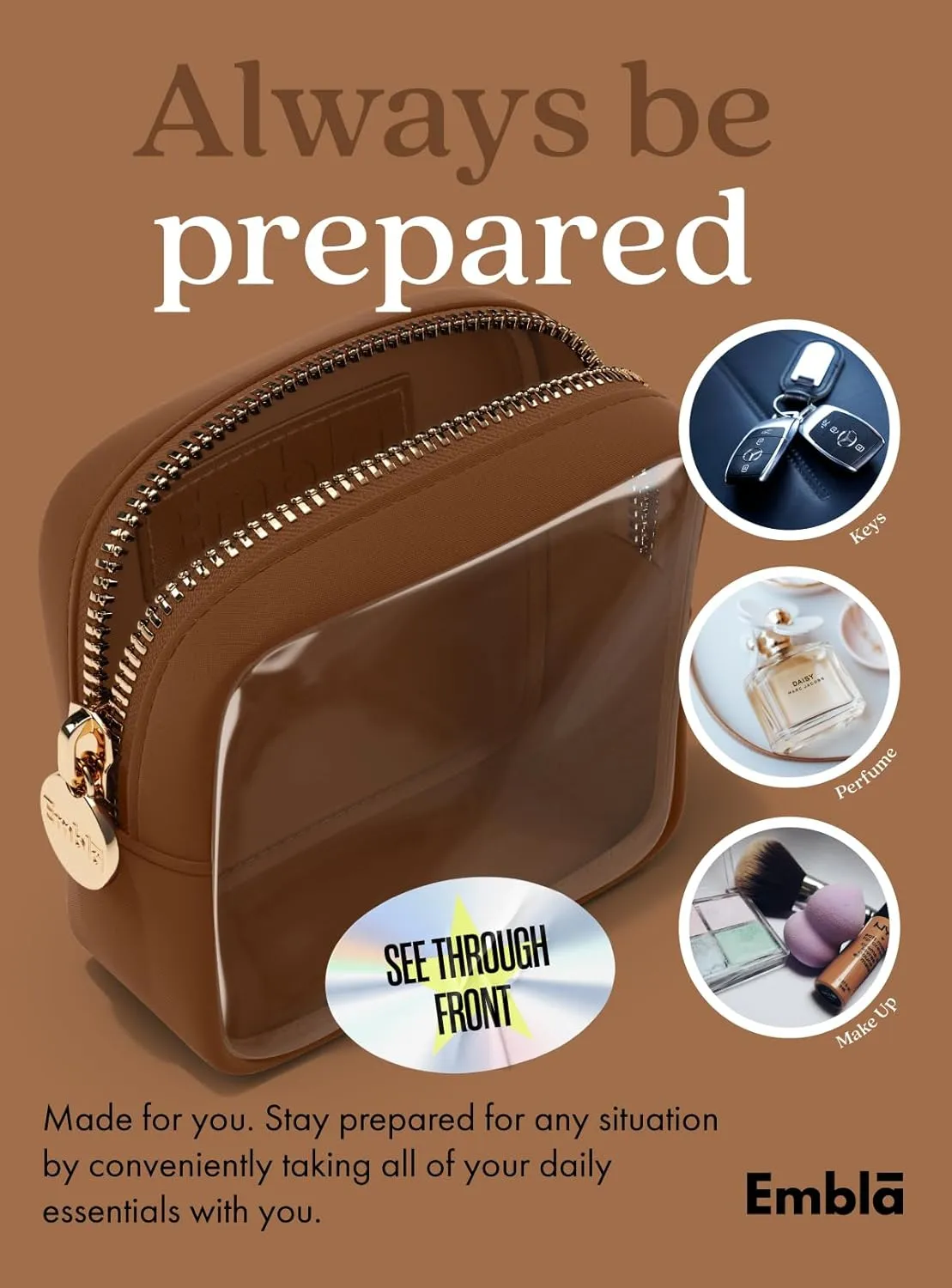 Embla Clear Cosmetic Bag Makeup Case, Clear Zipper Make Up Pouch and Toiletry Travel Tote, Cute Skincare Pouches for Women Girls, Preppy Purse Cosmetic Organizer, Mini Makeup Bags, Chocolate