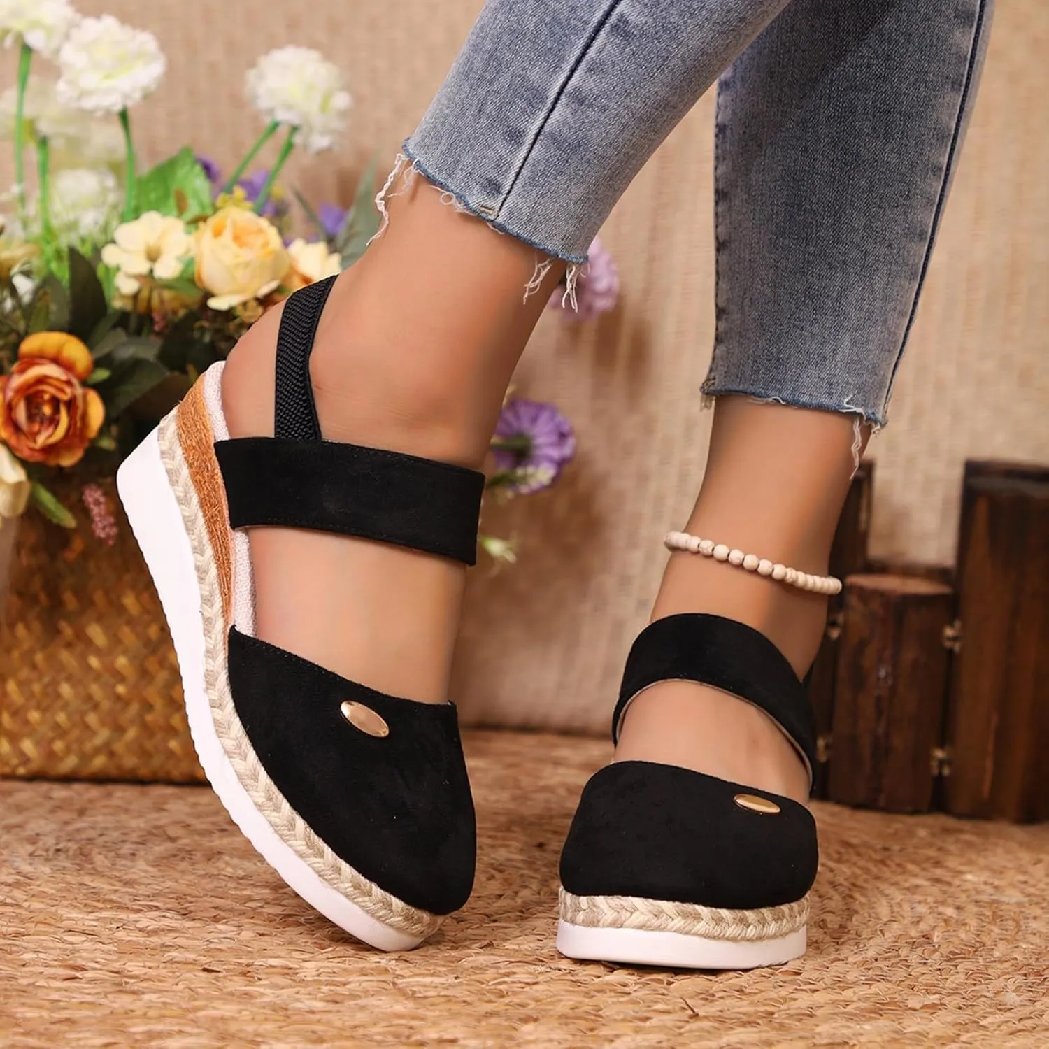 Espadrilles Wedges for Women Closed Toe Ankle Strap Dressy Casual Wedges Summer Slip On Platform Sandals Comfortable Wide Width Beach Shoes