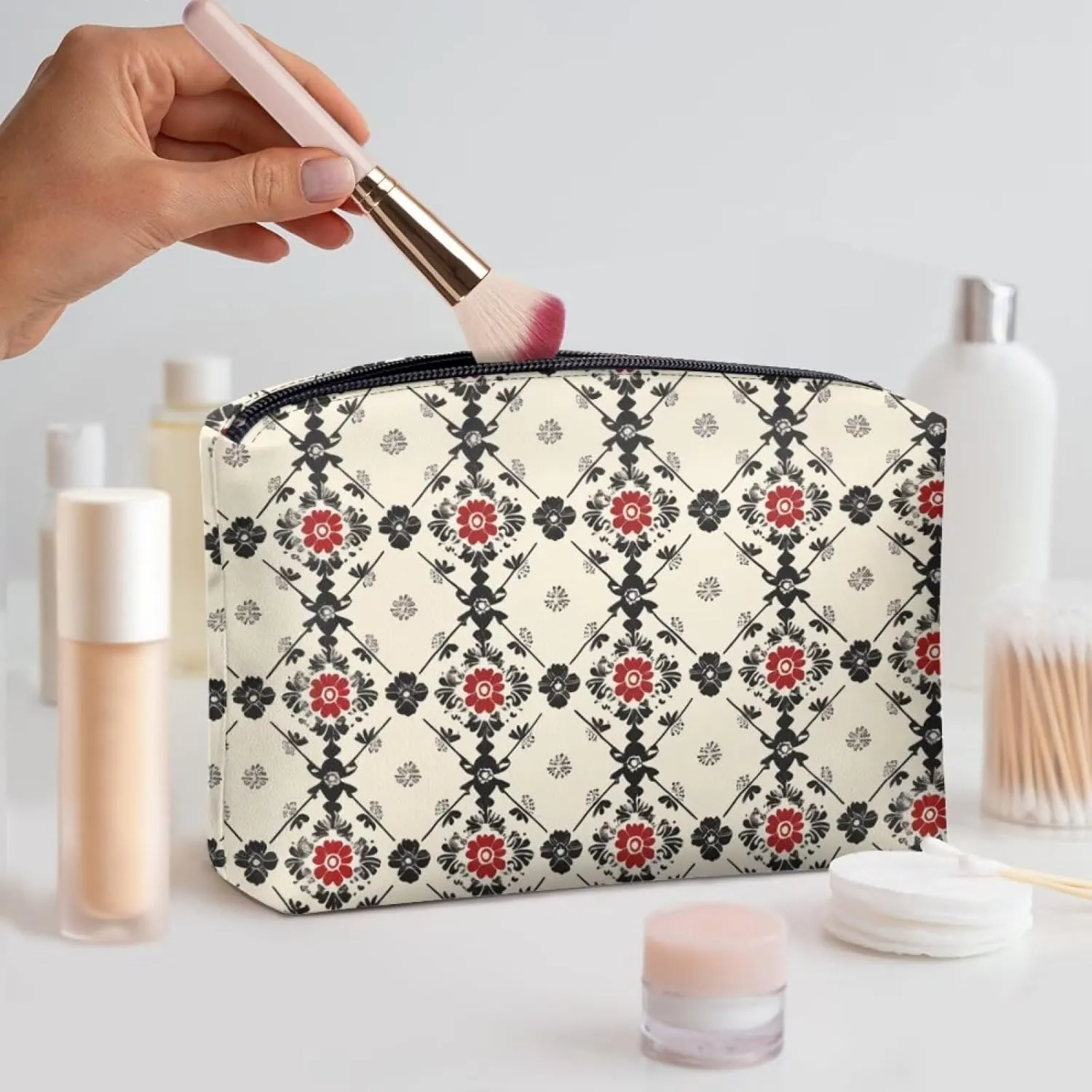 Ethnic Style Plaid Professional Makeup Bag  Compact Makeup Bags for Women with PU Leather & Water-Resistant Design | Travel Makeup Bag for Work, Gym, Weekend Trips
