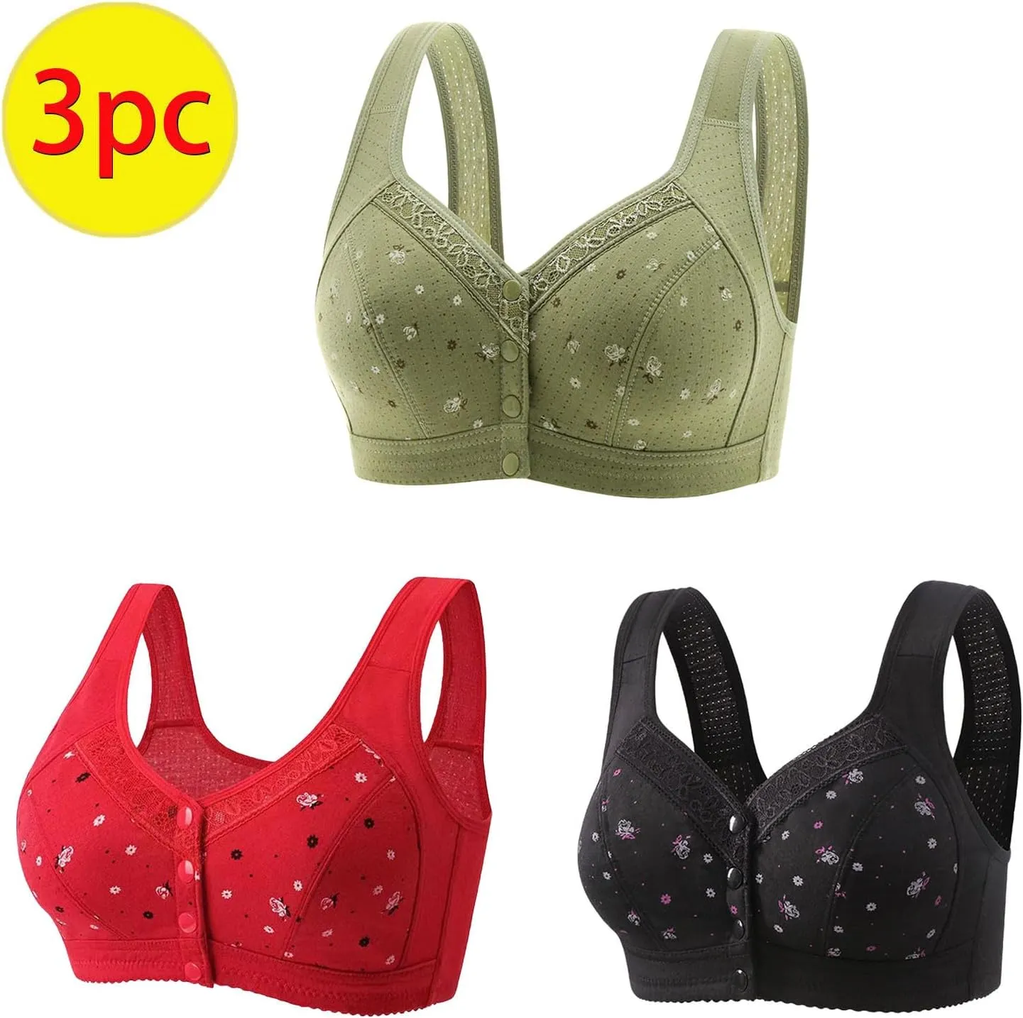Everyday Daisy Snap Lace Bra Pack of 3 Bras for Seniors - Women's Front Close Builtup Sports Push Up Wire Free Bra