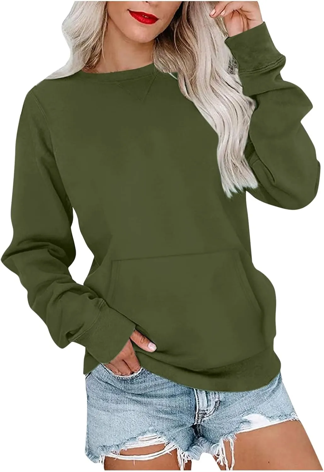 Fall Sweatshirts for Women 2023 Solid Color Long Sleeve Crewneck Pullover Casual Tops with Pocket Loose Comfy Shirts