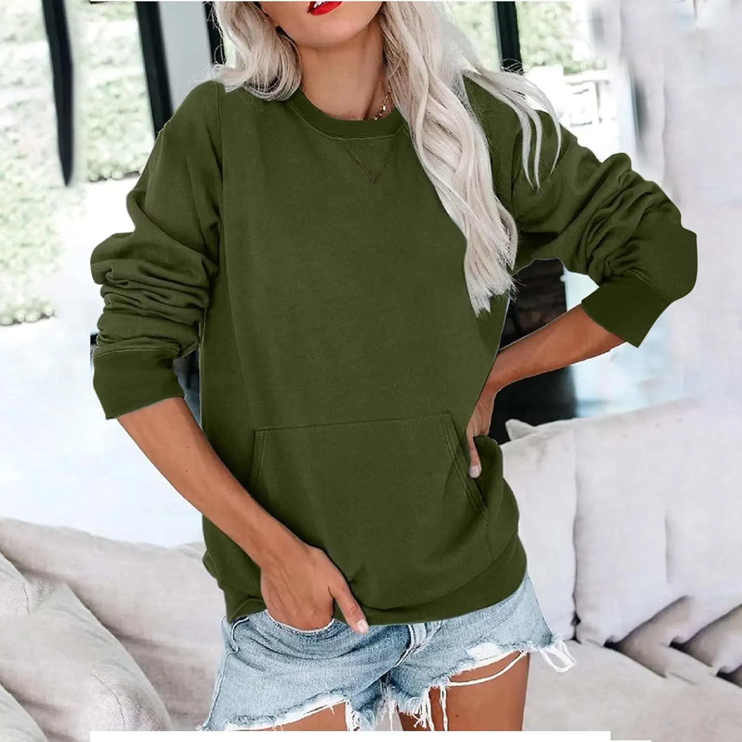 Fall Sweatshirts for Women 2023 Solid Color Long Sleeve Crewneck Pullover Casual Tops with Pocket Loose Comfy Shirts