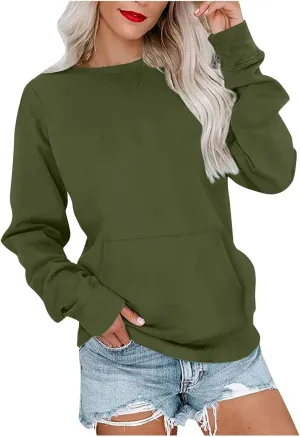 Fall Sweatshirts for Women 2023 Solid Color Long Sleeve Crewneck Pullover Casual Tops with Pocket Loose Comfy Shirts
