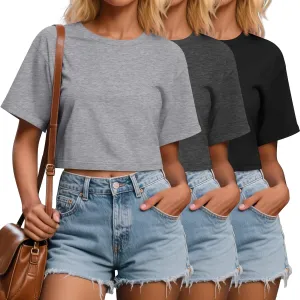 Ficerd 3 Pack Women Crop Tops Half Sleeve Cropped T Shirts Casual Crew Neck Drop Shoulder Loose Summer Solid Color