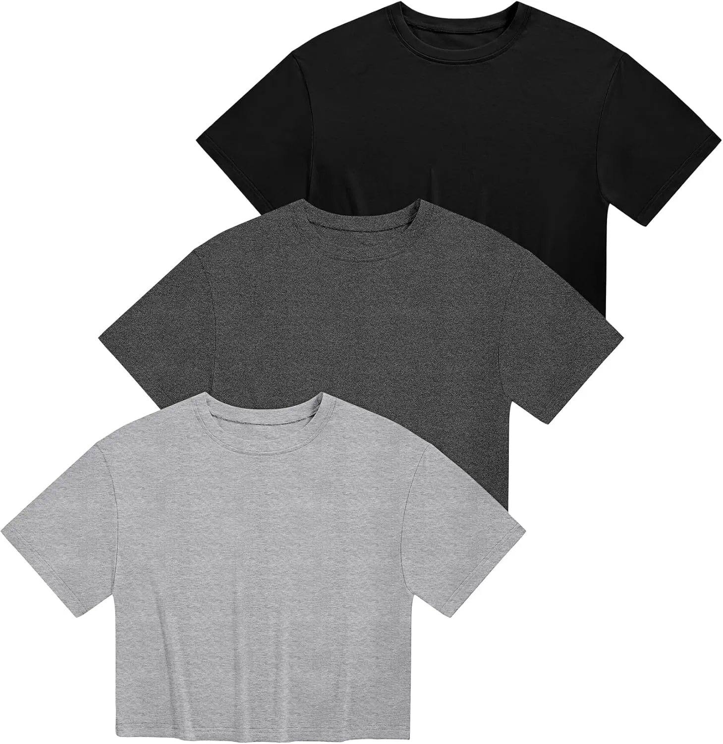 Ficerd 3 Pack Women Crop Tops Half Sleeve Cropped T Shirts Casual Crew Neck Drop Shoulder Loose Summer Solid Color