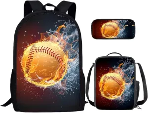 Fire Basketball 3pcs Kids Boys School Bookbag with Insulated Cooler Lunch Bag Pencil Case Full Set Black School Backpack Daypack for Kids Teen