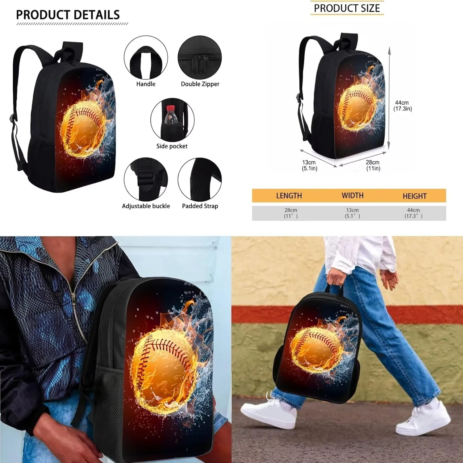 Fire Basketball 3pcs Kids Boys School Bookbag with Insulated Cooler Lunch Bag Pencil Case Full Set Black School Backpack Daypack for Kids Teen