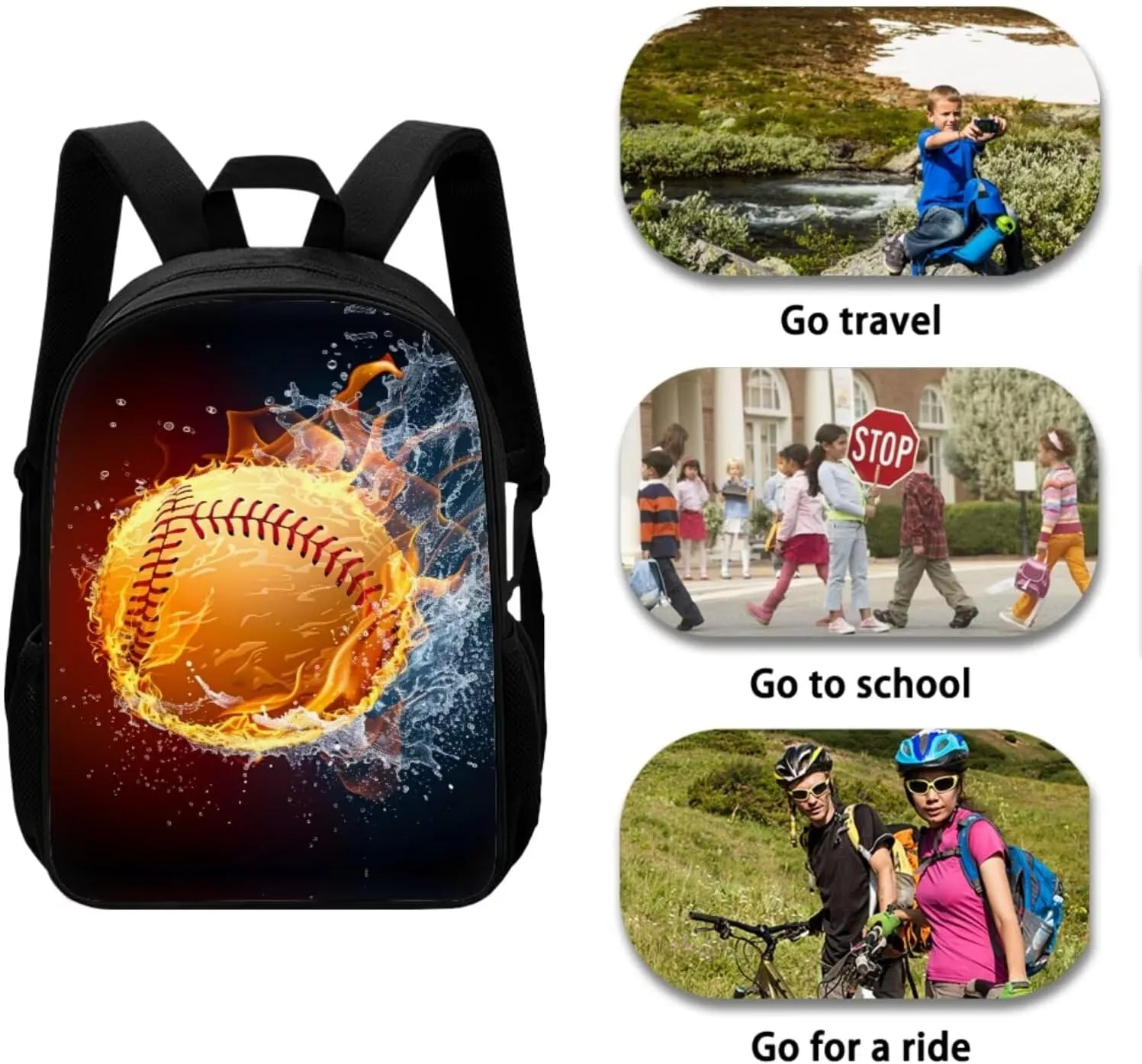 Fire Basketball 3pcs Kids Boys School Bookbag with Insulated Cooler Lunch Bag Pencil Case Full Set Black School Backpack Daypack for Kids Teen