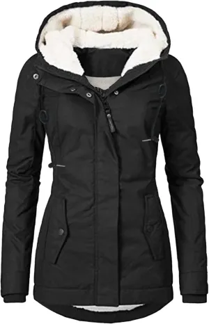 Fleece Coat for Women Long Sleeve Button Full Zip Up Plain Hooded Plush Jacket with Pocket Plus Size Trendy Autumn Winter