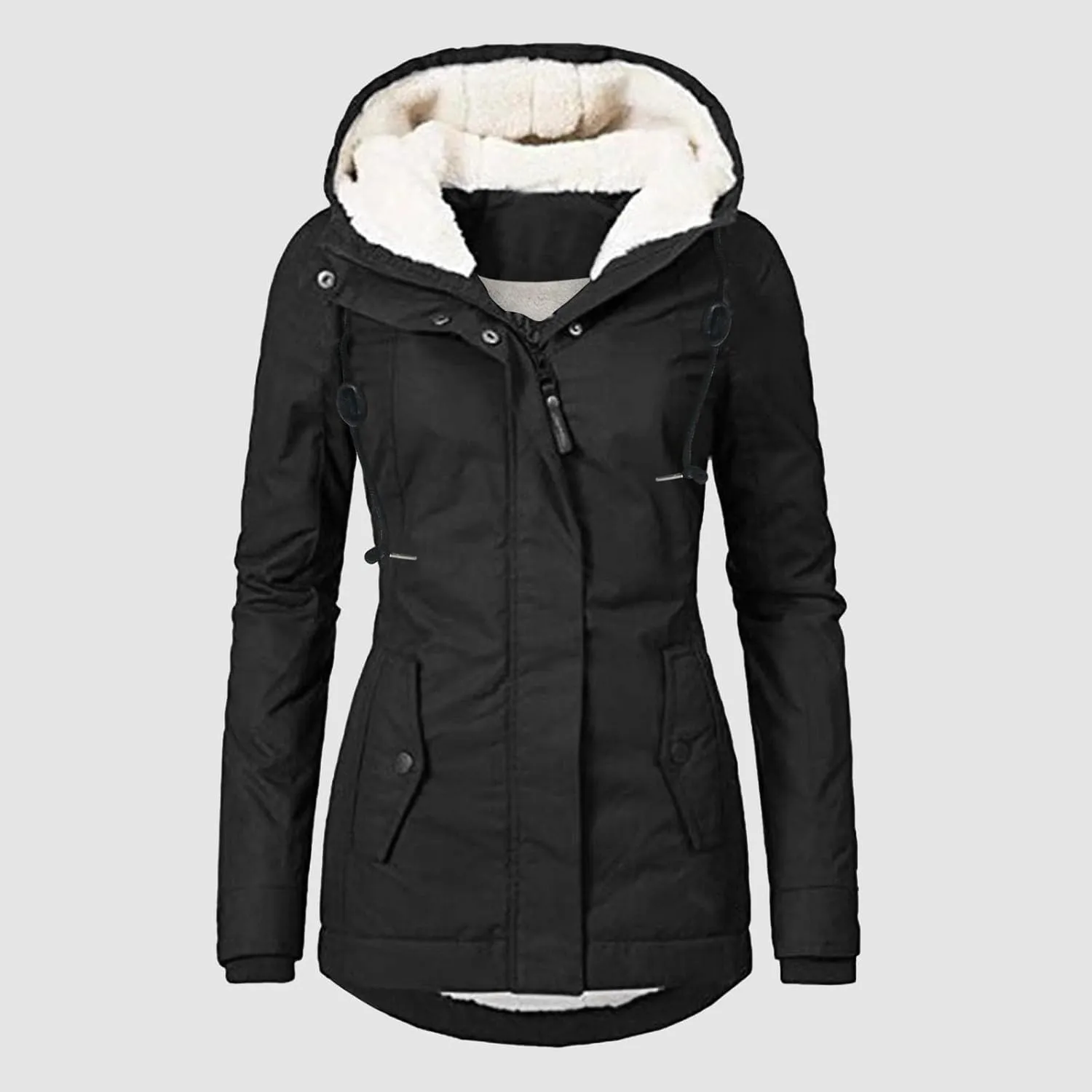 Fleece Coat for Women Long Sleeve Button Full Zip Up Plain Hooded Plush Jacket with Pocket Plus Size Trendy Autumn Winter