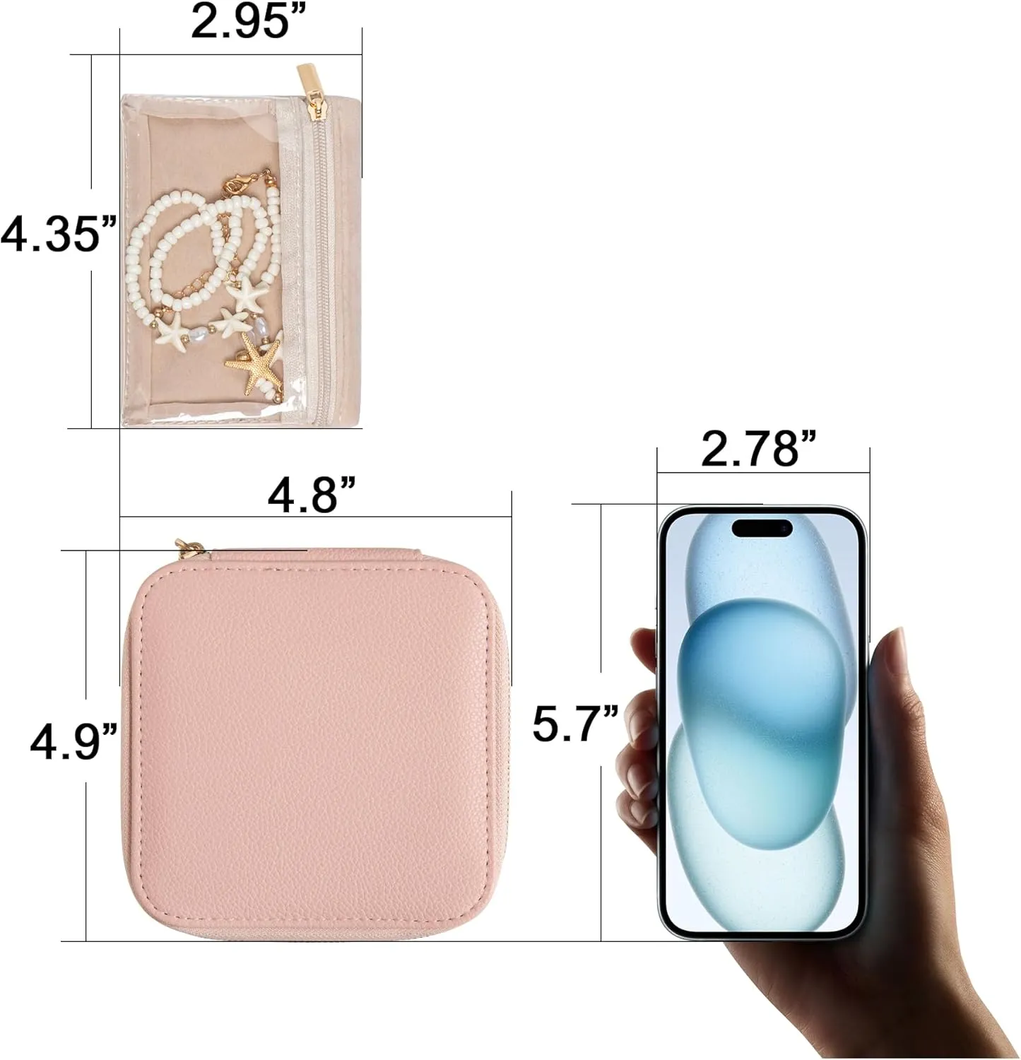 Frebeauty Small Travel Jewelry Box,Travel Jewelry Case with 6 Pouch Bags,Portable Travel Jewelry Organizer,Mini Jewelry Storage,3.35 x 4.9 x 4.8 Inches,Gift Idea for Women Girls(Pink)