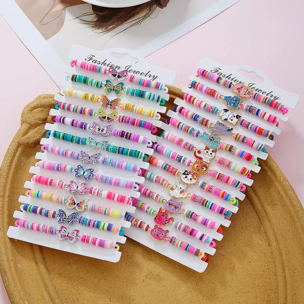 Friendship Bracelets for Women - Heishi Surfer Colorful Smile Butterfly Clay Beaded Stretch Bracelets Elastic Layering - Stackable Boho Disc Y2K Aesthetic Summer Jewelry Set.