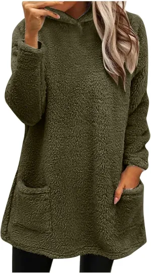 Fuzzy Fleece Pullover Women Sherpa Lined Crewneck Sweatshirts 2024 Trendy Winter Warm Faux Fur Loungewear with Pockets