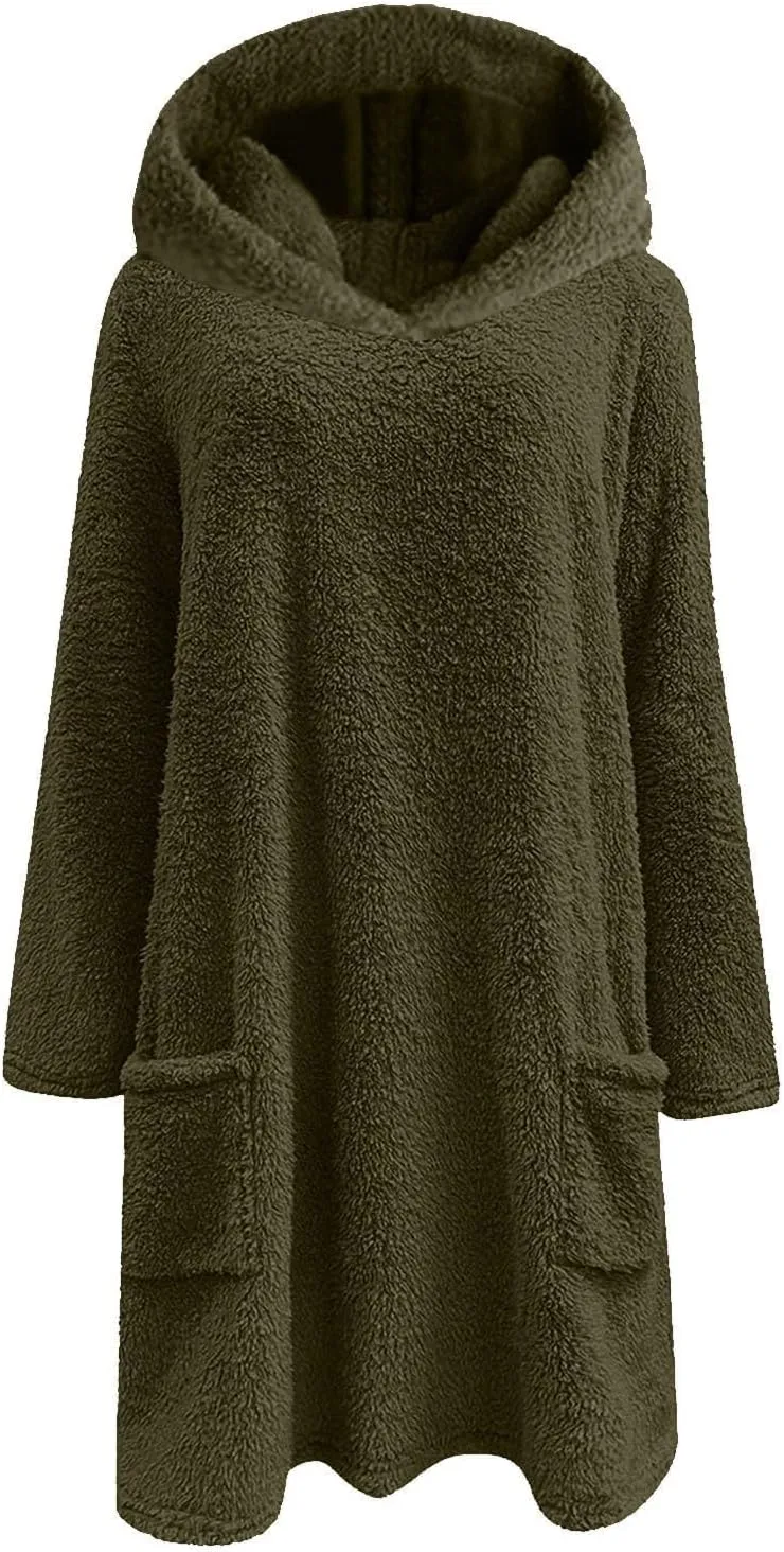 Fuzzy Fleece Pullover Women Sherpa Lined Crewneck Sweatshirts 2024 Trendy Winter Warm Faux Fur Loungewear with Pockets