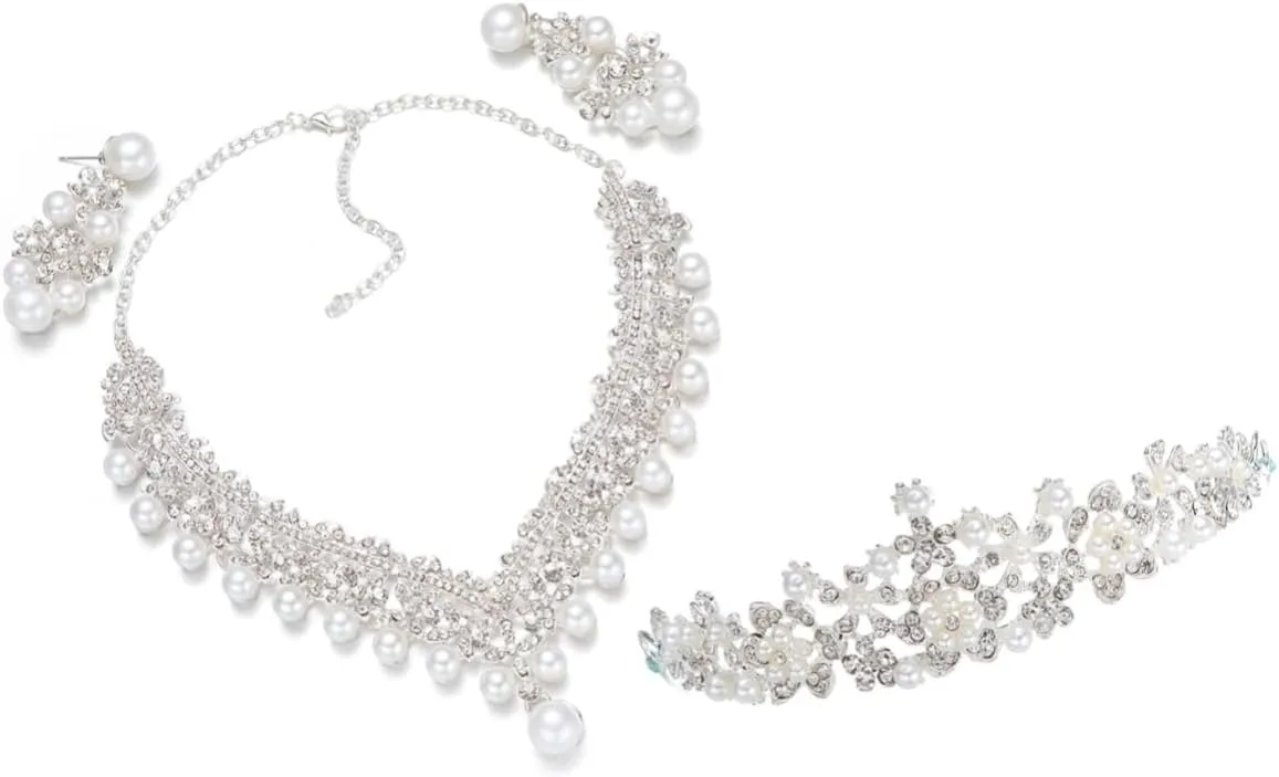 GALPADA Pearl Bride Crown Jewelry Set Bridal Tiara Necklace Earrings Wedding Jewelry