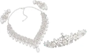 GALPADA Pearl Bride Crown Jewelry Set Bridal Tiara Necklace Earrings Wedding Jewelry