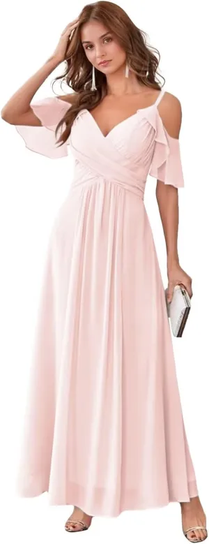 GATMAHE Women's V Neck Bridesmaid Dresses Long Off The Shoulder Ruffle Chiffon Formal Evening Gown with Slit