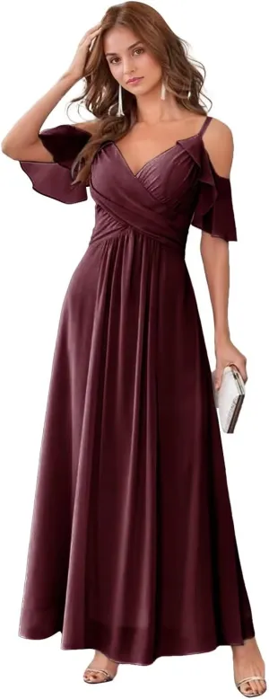 GATMAHE Women's V Neck Bridesmaid Dresses Long Off The Shoulder Ruffle Chiffon Formal Evening Gown with Slit