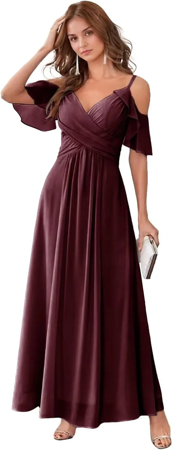 GATMAHE Women's V Neck Bridesmaid Dresses Long Off The Shoulder Ruffle Chiffon Formal Evening Gown with Slit