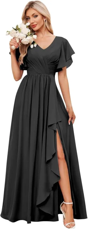 GDJDIFK Women's V-Neck Short Sleeve Bridesmaid Dresses for Wedding, Ruffled Chiffon Formal Evening Gown with Slit