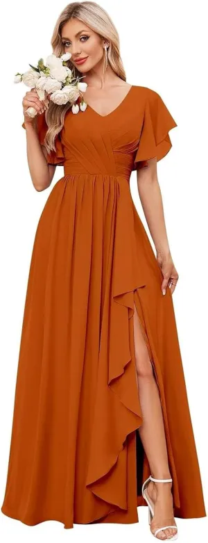 GDJDIFK Women's V-Neck Short Sleeve Bridesmaid Dresses for Wedding, Ruffled Chiffon Formal Evening Gown with Slit